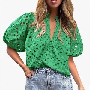 Pretty Garden Eyelet Short Lantern Puffy Sleeve  Blouse Green